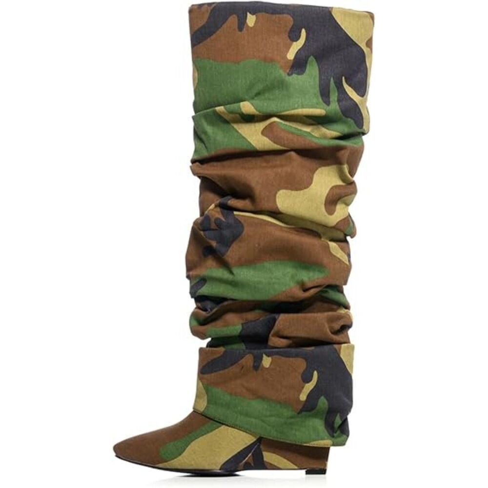 Women Camouflage Covered Wedge Heel Patent Wide Calf Pointed Toe Knee High Boot